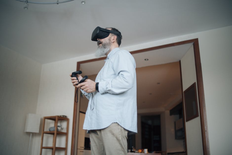 Senior adult man using virtual reality headset in a cozy living room setting.