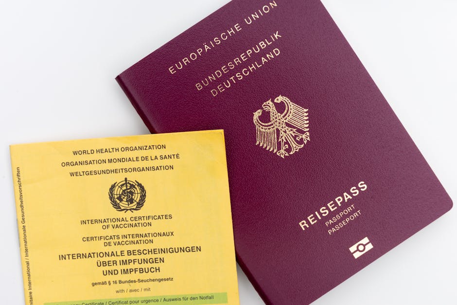 Close-up view of a German passport and WHO vaccination card, ideal for travel themes.